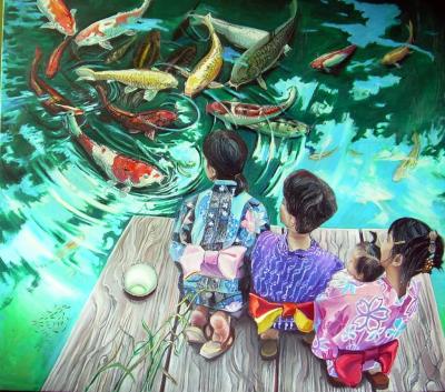 Iwa Kruczkowska-Kr&oacute;l, Yukata i Koi, z cyklu Opowieści o herbacie, 2010, olej, pł&oacute;tno, 140 x 150 cm