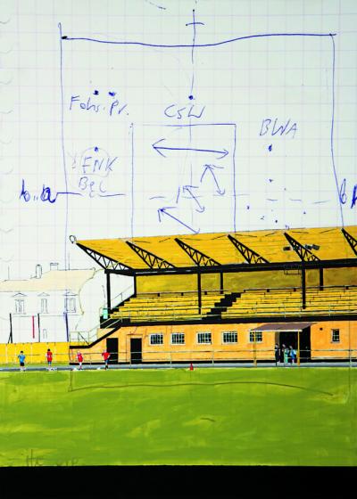 Joanna Wowrzeczka, z cyklu „Zdominowani” (Boisko w Czeskim Cieszynie, walka symboliczna; w tle rysunek pola sztuki w Polsce i również walka symboliczna), 2008, akryl, płótno, 88 x 62 cm Joanna Wowrzeczka, z cyklu „Zdominowani” (Boisko w Czeskim Cieszynie, walka symboliczna; w tle rysunek pola sztuki w Polsce i również walka symboliczna), 2008, akryl, płótno, 88 x 62 cm