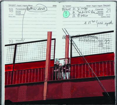 Joanna Wowrzeczka, z cyklu Zdominowani (Kobieta lat 55, schorowana, jej anemiczna córka i wnuk jedyna pociecha, most nad dworcem PKP w Skoczowie), 2008, akryl, płótno, 48 x 55 cm Joanna Wowrzeczka, z cyklu Zdominowani (Kobieta lat 55, schorowana, jej anemiczna córka i wnuk jedyna pociecha, most nad dworcem PKP w Skoczowie), 2008, akryl, płótno, 48 x 55 cm