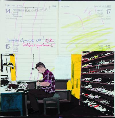 Joanna Wowrzeczka, z cyklu Zdominowani (Szewc, wcześniej mechanik samochodowy, Cieszyn), 2008, akryl, płótno, 56 x 62 cm Joanna Wowrzeczka, z cyklu Zdominowani (Szewc, wcześniej mechanik samochodowy, Cieszyn), 2008, akryl, płótno, 56 x 62 cm